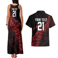 New Zealand Lawn Bowls Custom Couples Matching Tank Maxi Dress and Hawaiian Shirt Red Maori Warrior Tribal Silver Fern - Polynesian Pride