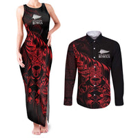 New Zealand Lawn Bowls Custom Couples Matching Tank Maxi Dress and Long Sleeve Button Shirt Red Maori Warrior Tribal Silver Fern - Polynesian Pride