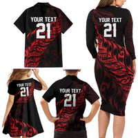 New Zealand Lawn Bowls Custom Family Matching Long Sleeve Bodycon Dress and Hawaiian Shirt Red Maori Warrior Tribal Silver Fern LT9 - Polynesian Pride