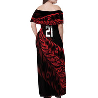 New Zealand Lawn Bowls Custom Off Shoulder Maxi Dress Red Maori Warrior Tribal Silver Fern - Polynesian Pride