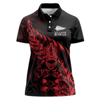 New Zealand Lawn Bowls Custom Women Polo Shirt Red Maori Warrior Tribal Silver Fern - Polynesian Pride