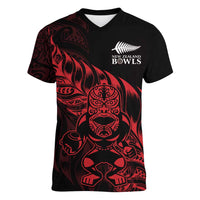 New Zealand Lawn Bowls Custom Women V-Neck T-Shirt Red Maori Warrior Tribal Silver Fern LT9 Female Red - Polynesian Pride