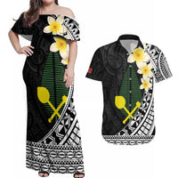 Alo Chiefdom Wallis and Futuna Personalized Couples Matching Off Shoulder Maxi Dress and Hawaiian Shirt Frangipani Flowers Polynesian Pattern LT9 Black - Polynesian Pride