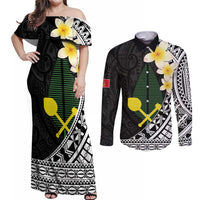 Alo Chiefdom Wallis and Futuna Personalized Couples Matching Off Shoulder Maxi Dress and Long Sleeve Button Shirt Frangipani Flowers Polynesian Pattern LT9 Black - Polynesian Pride