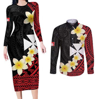 Uvea Chiefdom Wallis and Futuna Personalized Couples Matching Long Sleeve Bodycon Dress and Long Sleeve Button Shirt Frangipani Flowers Polynesian Pattern LT9 Red - Polynesian Pride