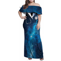 New Zealand Nurses RN Personalised Family Matching Off Shoulder Maxi Dress and Hawaiian Shirt Galaxy Stethoscope Maori Motif LT9 Mom's Dress Galaxy - Polynesian Pride