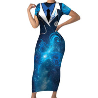 New Zealand Nurses RN Personalised Short Sleeve Bodycon Dress Galaxy Stethoscope Maori Motif LT9 Long Dress Galaxy - Polynesian Pride