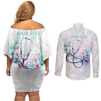 New Zealand Nurses RN Personalised Couples Matching Off Shoulder Short Dress and Long Sleeve Button Shirt Stethoscope Floral Maori Motif