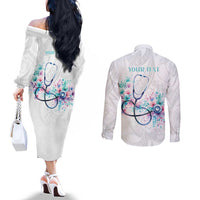 New Zealand Nurses RN Personalised Couples Matching Off The Shoulder Long Sleeve Dress and Long Sleeve Button Shirt Stethoscope Floral Maori Motif
