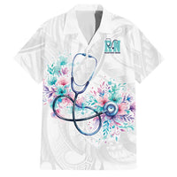 New Zealand Nurses RN Personalised Family Matching Off Shoulder Maxi Dress and Hawaiian Shirt Stethoscope Floral Maori Motif LT9 Dad's Shirt - Short Sleeve White - Polynesian Pride