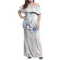 New Zealand Nurses RN Personalised Family Matching Off Shoulder Maxi Dress and Hawaiian Shirt Stethoscope Floral Maori Motif LT9 Mom's Dress White - Polynesian Pride