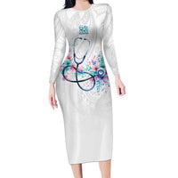 New Zealand Nurses RN Personalised Long Sleeve Bodycon Dress Stethoscope Floral Maori Motif LT9 Long Dress White - Polynesian Pride