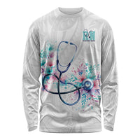 New Zealand Nurses RN Personalised Long Sleeve Shirt Stethoscope Floral Maori Motif LT9 Unisex White - Polynesian Pride
