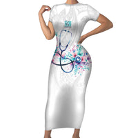 New Zealand Nurses RN Personalised Short Sleeve Bodycon Dress Stethoscope Floral Maori Motif LT9 Long Dress White - Polynesian Pride