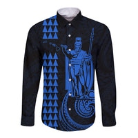 Custom Hawaii Long Sleeve Button Shirt King Kamehameha - Blue LT9 Unisex Blue - Polynesian Pride