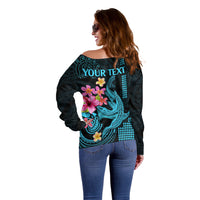 Custom Polynesian Off Shoulder Sweater Hawaiian Warriors with Tribal Shark Tattoos - Blue LT9 - Polynesian Pride