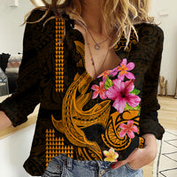 Custom Polynesian Women Casual Shirt Hawaiian Warriors with Tribal Shark Tattoos - Gold LT9 Female Gold - Polynesian Pride