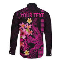 Custom Polynesian Long Sleeve Button Shirt Hawaiian Warriors with Tribal Shark Tattoos - Pink LT9 - Polynesian Pride