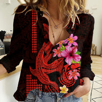 Custom Polynesian Women Casual Shirt Hawaiian Warriors with Tribal Shark Tattoos - Red LT9 Female Red - Polynesian Pride