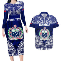 Personalised Samoa Coat Of Arms Couples Matching Long Sleeve Bodycon Dress and Hawaiian Shirt With Polynesian Pattern Version