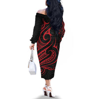 Tahitian Coat Of Arm and Tiare Flower Family Matching Off The Shoulder Long Sleeve Dress and Hawaiian Shirt Polynesian Tribal Tattoo LT9 - Polynesian Pride