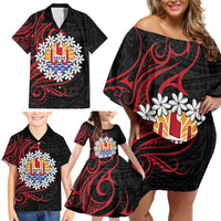 Tahitian Coat Of Arm and Tiare Flower Family Matching Off Shoulder Short Dress and Hawaiian Shirt Polynesian Tribal Tattoo LT9 - Polynesian Pride
