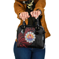 Tahitian Coat Of Arm and Tiare Flower Shoulder Handbag Polynesian Tribal Tattoo LT9 One Size Black - Polynesian Pride