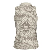 Tahitian Tiare Flower Women Sleeveless Polo Shirt Beige Polynesian Pattern