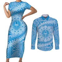 Tahitian Tiare Flower Couples Matching Short Sleeve Bodycon Dress and Long Sleeve Button Shirt Blue Polynesian Pattern