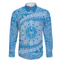 Tahitian Tiare Flower Family Matching Off The Shoulder Long Sleeve Dress and Hawaiian Shirt Blue Polynesian Pattern