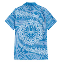 Tahitian Tiare Flower Family Matching Puletasi and Hawaiian Shirt Blue Polynesian Pattern