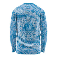 Tahitian Tiare Flower Long Sleeve Shirt Blue Polynesian Pattern