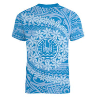 Tahitian Tiare Flower Women V-Neck T-Shirt Blue Polynesian Pattern