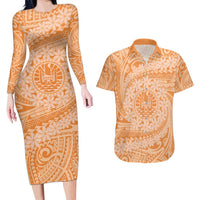Tahitian Tiare Flower Couples Matching Long Sleeve Bodycon Dress and Hawaiian Shirt Gold Polynesian Pattern LT9 Gold - Polynesian Pride