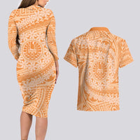 Tahitian Tiare Flower Couples Matching Long Sleeve Bodycon Dress and Hawaiian Shirt Gold Polynesian Pattern LT9 - Polynesian Pride