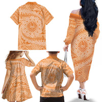 Tahitian Tiare Flower Family Matching Off The Shoulder Long Sleeve Dress and Hawaiian Shirt Gold Polynesian Pattern
