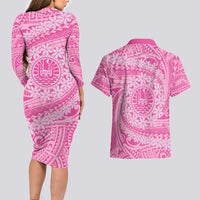 Tahitian Tiare Flower Couples Matching Long Sleeve Bodycon Dress and Hawaiian Shirt Pink Polynesian Pattern LT9 - Polynesian Pride