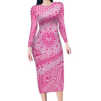 Tahitian Tiare Flower Long Sleeve Bodycon Dress Pink Polynesian Pattern LT9 Long Dress Pink - Polynesian Pride
