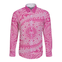 Tahitian Tiare Flower Long Sleeve Button Shirt Pink Polynesian Pattern