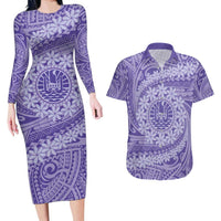 Tahitian Tiare Flower Couples Matching Long Sleeve Bodycon Dress and Hawaiian Shirt Violet Polynesian Pattern LT9 Violet - Polynesian Pride
