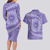 Tahitian Tiare Flower Couples Matching Long Sleeve Bodycon Dress and Hawaiian Shirt Violet Polynesian Pattern LT9 - Polynesian Pride