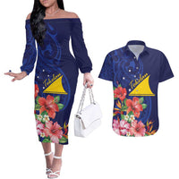Personalised Tokelau Tropical Hibiscus Couples Matching Off The Shoulder Long Sleeve Dress and Hawaiian Shirt With Polynesian Plumeria Tattoo LT9 Blue - Polynesian Pride