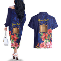 Personalised Tokelau Tropical Hibiscus Couples Matching Off The Shoulder Long Sleeve Dress and Hawaiian Shirt With Polynesian Plumeria Tattoo LT9 - Polynesian Pride