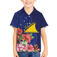Personalised Tokelau Tropical Hibiscus Family Matching Off Shoulder Maxi Dress and Hawaiian Shirt With Polynesian Plumeria Tattoo LT9 Son's Shirt Blue - Polynesian Pride
