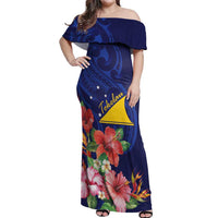 Personalised Tokelau Tropical Hibiscus Off Shoulder Maxi Dress With Polynesian Plumeria Tattoo