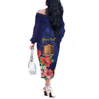 Personalised Tokelau Tropical Hibiscus Off The Shoulder Long Sleeve Dress With Polynesian Plumeria Tattoo LT9 - Polynesian Pride
