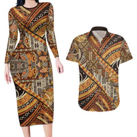 Hawaiian Style Tapa Couples Matching Long Sleeve Bodycon Dress and Hawaiian Shirt Vintage Seamless Pattern LT9 Red - Polynesian Pride