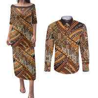 Hawaiian Style Tapa Couples Matching Puletasi and Long Sleeve Button Shirt Vintage Seamless Pattern - Polynesian Pride