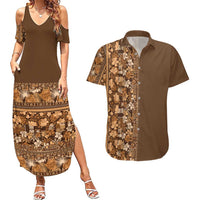 Hawaiian Tribal Elements Hibiscus Couples Matching Summer Maxi Dress and Hawaiian Shirt Gold Pattern - Polynesian Pride