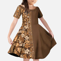 Hawaiian Tribal Elements Hibiscus Family Matching Long Sleeve Bodycon Dress and Hawaiian Shirt Gold Pattern LT9 Daughter's Dress Gold - Polynesian Pride